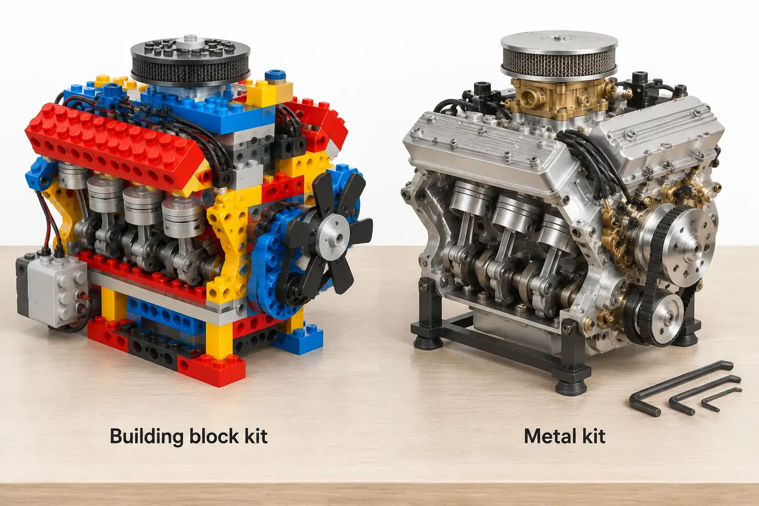 Two V8 engine models side by side on a workbench: a colourful one built from plastic building bricks with a small battery box, and a silver one made of machined metal parts with hex keys lying beside it.