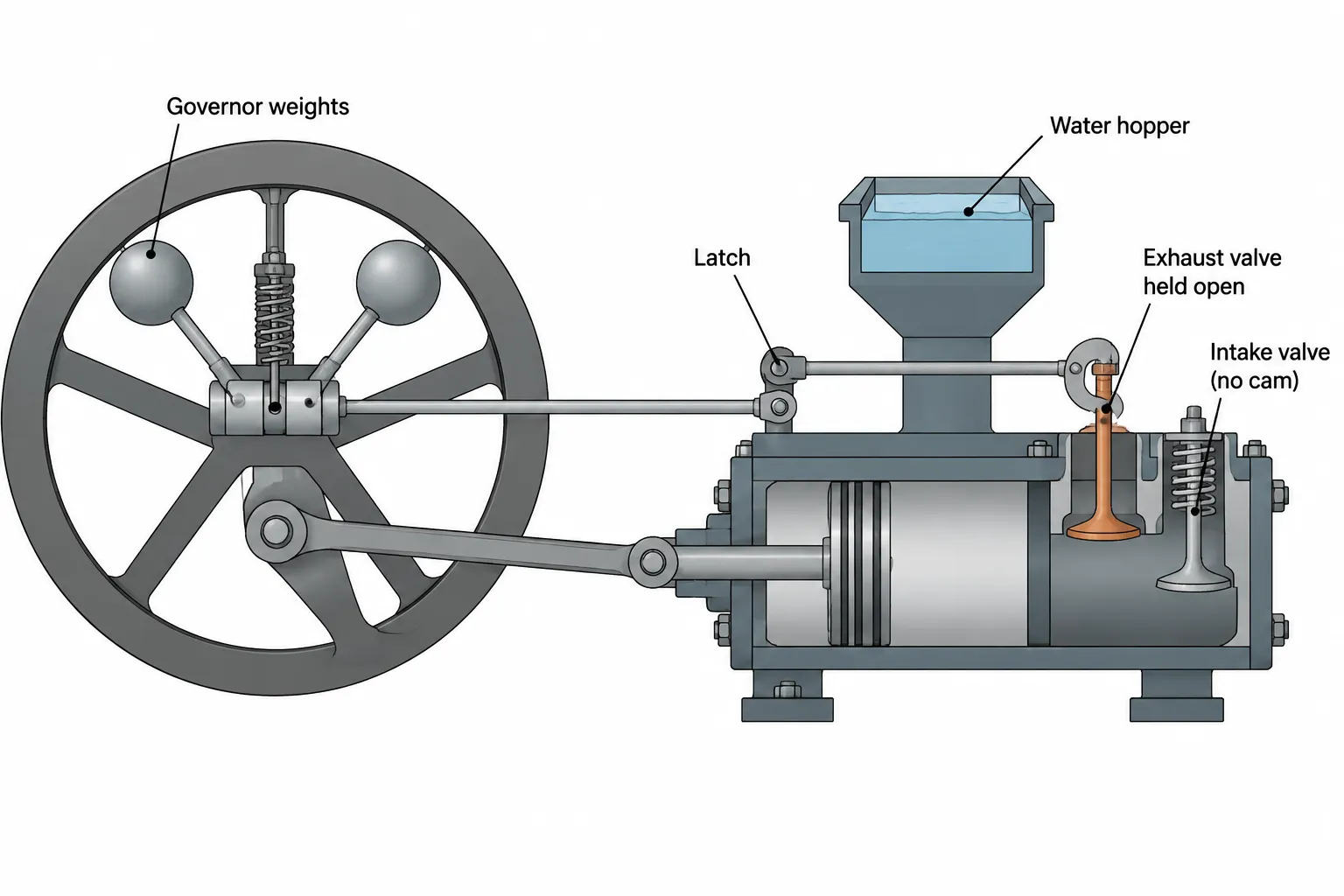 Schematic of a hit-and-miss engine: governor weights inside the flywheel have swung outward and push a rod to a latch that holds the exhaust valve open, while the spring-loaded intake valve with no cam stays closed; a water hopper sits on the cylinder.
