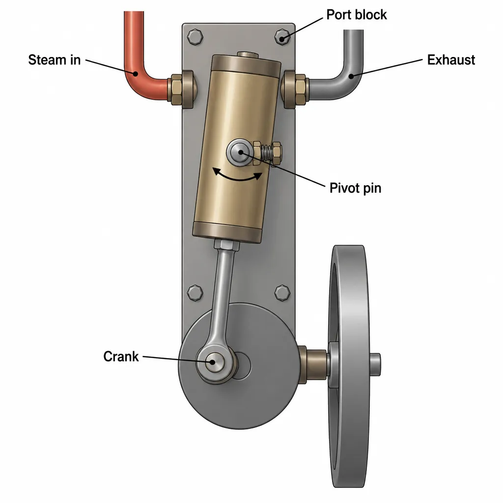 Oscillating steam engine seen from the front: a small cylinder lies flat against a vertical port block, held by a spring on a pivot pin that points toward the viewer, with a steam inlet pipe on one side and an exhaust pipe on the other; the piston rod drives a crank and flywheel below as the cylinder rocks.