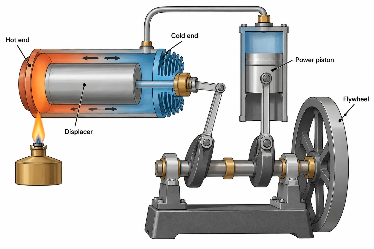 Cutaway of a gamma Stirling engine: a burner heats the left end of a large horizontal cylinder with a loose displacer inside, the right end has cooling fins, a tube leads to a small vertical power cylinder, and the displacer rod and the power piston's connecting rod drive two cranks on one shaft with a flywheel.