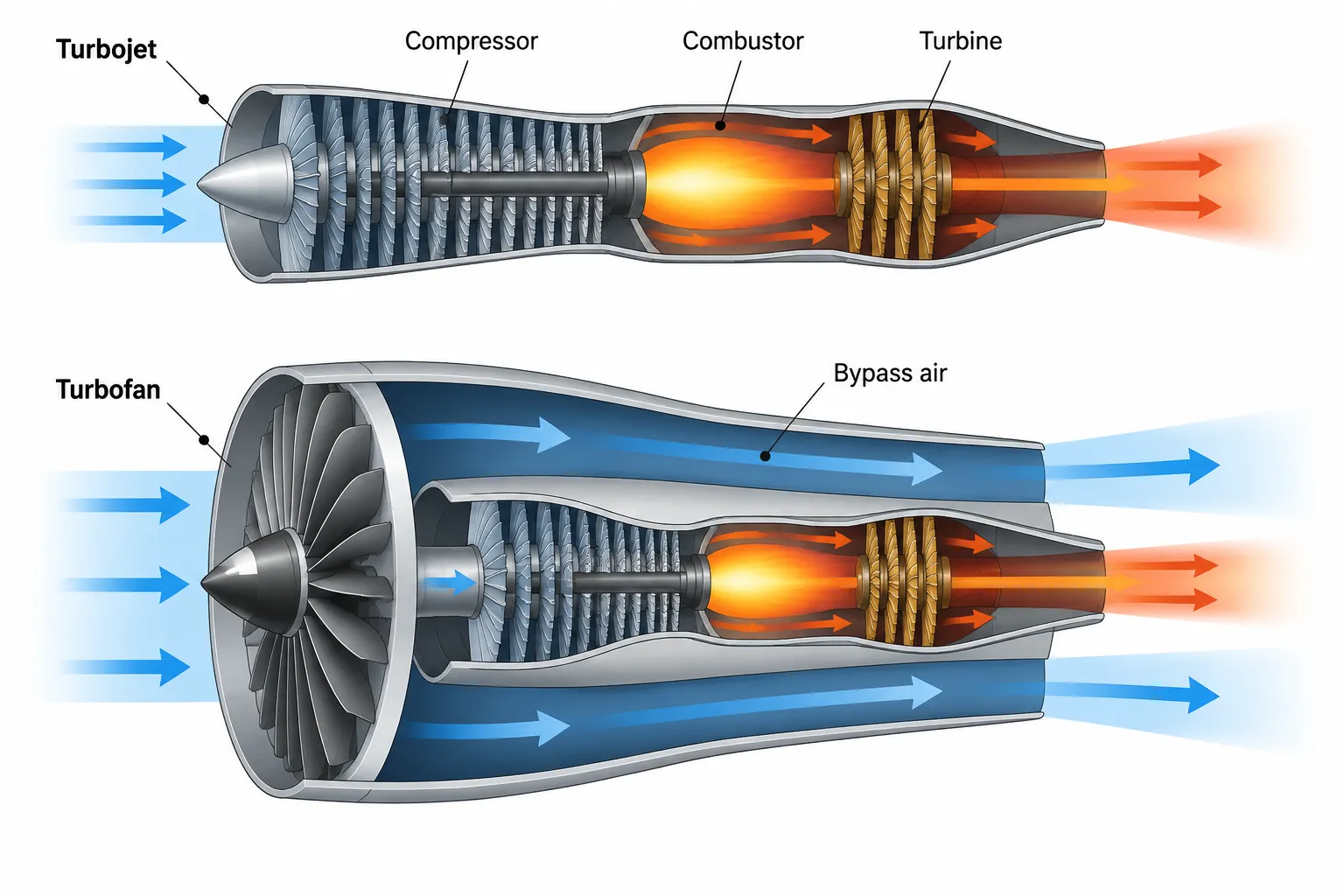 Two jet engine cutaways: above, a slim turbojet where all air passes through compressor, combustor and turbine; below, a turbofan with a large front fan where most of the air flows around the core through the bypass duct.